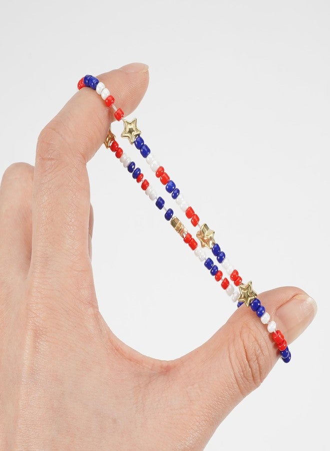 Briutn Red White Blue Beaded Bracelet with Gold Stars USA Independence Day Jewelry - Image 5